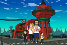 Load image into Gallery viewer, Futurama family photo of a couple and their kids, man holding a baby, woman holding a gun, one kid holding a can of slurm and the other kid waving.
