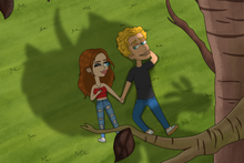 Load image into Gallery viewer, A red haired girl and a blonde guy chilling under the tree, girl winking at the guy and both holding hands in this custom big mouth artwork.
