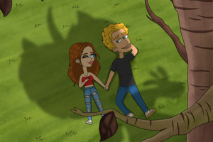A red haired girl and a blonde guy chilling under the tree, girl winking at the guy and both holding hands in this custom big mouth artwork.