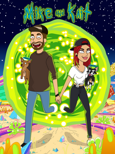 rick and morty couples portrait with woman in red hair holding a dog, man wearing a cap and holding another dog, both holding hands and coming out of the portal.