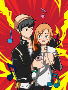 my hero academia portrait of a couple drawn as jiro and kaminari, with electricity and music notes coming off of them.