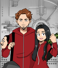 Load image into Gallery viewer, A boy and a girl dressed as money heist characters , girl holding money and the guy having a dali mask tied on his arm in this custom anime portrait.
