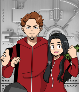 A boy and a girl dressed as money heist characters , girl holding money and the guy having a dali mask tied on his arm in this custom anime portrait.