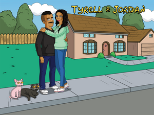 Man and woman wearing hoodies, standing in front of the house and 2 cats sitting on the ground in a Simpsons artwork.