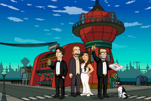 Load image into Gallery viewer, Bride and Groom posing in front of planet express, groomsmen on both sides holding drinks and a box of pizza with a dog sitting on the ground.
