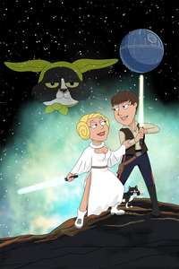 Galaxy wars style couple portrait, both holding lightsabers, a cat's head with baby yoda's ears, is floating in the air.