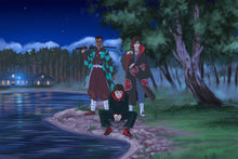 Load image into Gallery viewer, Personalised Naruto portrait of 3 people drawn as anime characters in a setting of Forest and Lake with one man sitting and other 2 posing as Tanjiro and Itachi behind him.
