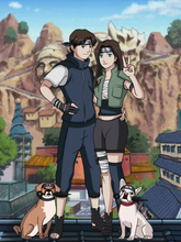 Load image into Gallery viewer, Couple wearing shinobi clothes and leaf headbands, dogs on both sides with kunai in their mouths, also wearing leaf head bands in this Naruto style artwork.
