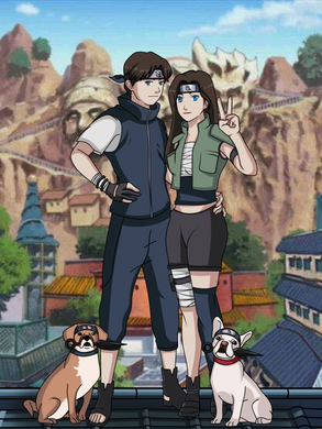 Couple wearing shinobi clothes and leaf headbands, dogs on both sides with kunai in their mouths, also wearing leaf head bands in this Naruto style artwork.