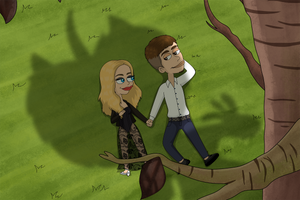 A blonde girl and a brown haired boy lying under the tree, holding hands and looking at each other in this big mouth artwork. 