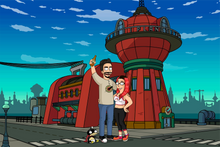 Load image into Gallery viewer, Futurama style portrait where a man with brown hair and a woman with red hair wearing a crop top, are standing and Nibbler is sitting on the ground.
