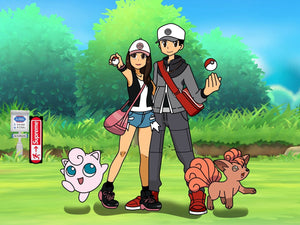 A boy and a Girl drawn as Hilda and Hilbert, holding pokeball in their hands, having vulipx and jigglypuff on their sides in this custom pokemon style portrait.