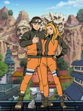 Load image into Gallery viewer, Man and Woman in Naruto outfits, wearing leaf headbands, man giving a thumbs up, and a cat sitting on the ground in this Naruto Portrait.
