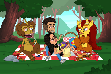 Big mouth style portrait of a couple chilling in the jungle with Connie and Maury from the show and burgers, fries and coke on the side. 