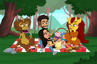 Big mouth style portrait of a couple chilling in the jungle with Connie and Maury from the show and burgers, fries and coke on the side. 