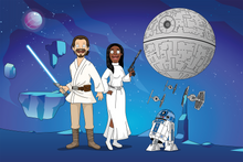 Load image into Gallery viewer, Galaxy wars portrait, couple drawn as Bob&#39;s burgers characters, man in farmboy outfit with lightsaber and woman in Alderaan gown holding “leias blaster” with R2D2 beside them.
