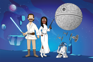 Galaxy wars portrait, couple drawn as Bob's burgers characters, man in farmboy outfit with lightsaber and woman in Alderaan gown holding “leias blaster” with R2D2 beside them.