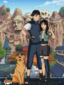 Naruto style portrait of Man, woman and pet standing together in Konoha, all wearing leaf headbands, woman holding up a peace sign.