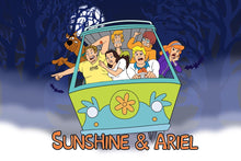 Load image into Gallery viewer, A couple sitting in the mystery machine with scooby doo characters, all looking terrified, in this custom anime style portrait.
