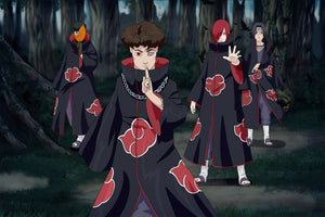4 men wearing Akatsuki Cloaks posing in a forest with the front man having a red eye in this custom Naruto Artwork.