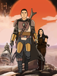 Galaxy wars style couple portrait, man and woman drawn as star wars characters, holding weapons in their hands. 