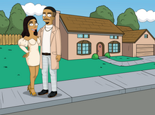 Load image into Gallery viewer, A man having a buzz cut and wearing an overcoat with a woman wearing a short white dress posing with hands on her waist in a Simpsons personalised art.
