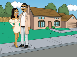 A man having a buzz cut and wearing an overcoat with a woman wearing a short white dress posing with hands on her waist in a Simpsons personalised art.