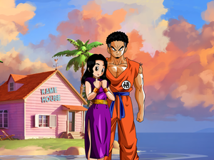 Couple standing in front of the Kame House, dressed as Chichi and Goku, woman with a smiling face and man with a serious face in this Dragon Ball Z style artwork.