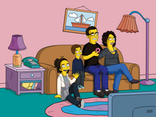 Load image into Gallery viewer, Parents and son sitting on the couch, man holding a doughnut, while the daughter sitting down and waving in this personalised Simpsons artwork.
