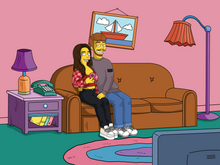 Load image into Gallery viewer, Custom Simpsons portrait of a couple sitting on the couch, watching tv, with man&#39;s hand on woman&#39;s thigh and woman holding a strawberry doughnut.
