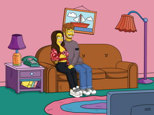 Custom Simpsons portrait of a couple sitting on the couch, watching tv, with man's hand on woman's thigh and woman holding a strawberry doughnut.