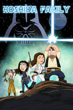 Load image into Gallery viewer, A family of 4 in the galaxy background holding lightsabers, with Hoshida Family written on the top in this Galaxy Wars style portrait.
