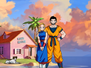 Dragon ball Z portrait of a couple, dressed as main characters of the show, posing in front of the Kame House and a dog sitting away in the sand.