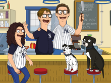 Load image into Gallery viewer, Custom bobs burgers portrait with 2 men and a woman, all wearing glasses and having NY Yankees logo on their shirts and 2 dogs sitting on the stools inside the restaurant.
