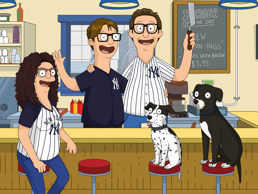 Custom bobs burgers portrait with 2 men and a woman, all wearing glasses and having NY Yankees logo on their shirts and 2 dogs sitting on the stools inside the restaurant.