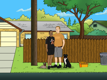 Load image into Gallery viewer, King of the hill personalised portrait of a couple and their two dogs with the woman wearing specs and a Naruto shirt and Man wearing a Nacho Problem shirt.
