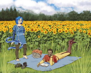 'Avatar The Last Airbender' couple portrait of a woman as waterbender and a man as airbender, woman standing and smiling at the man and man lying down and reading a book, in a Sunflower field.