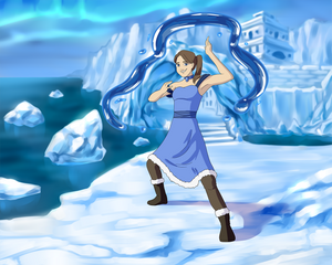 "Personalised Avatar The Last Airbender portrait" of a woman having brown air tied in a ponytail, dressed as a waterbender and standing in front of an ice castle.