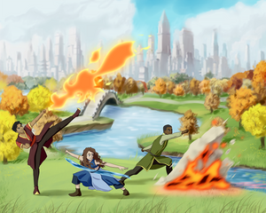 'Avatar The Last Airbender' Style Custom Portrai of 2 Men and a woman dressed as Firebenders and waterbender respectively, in battle poses, in front of a river.