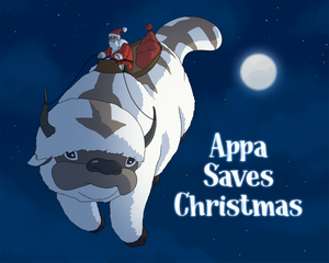 Avatar The Last Airbender portrait in which Santa Clause is riding on Apppa in the night with text written in sky "Appa saves christmas".