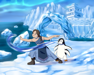 A woman posing as a waterbender, having her hair tied into a braid, with a penguin standing behind her in this 'Avatar The Last Airbender' Style Custom Portrait.