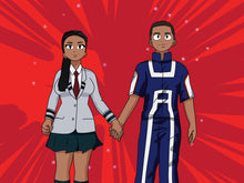 Load image into Gallery viewer, A couple drawn as Momo and Hitoshi in this beautiful custom my hero academia family portrait with red background.
