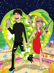 A man with septum and ear piercings and a woman wearing glasses and a septum ring are exiting a heart-shaped portal along with their cats between them in a Rick and Morty style artwork.