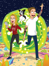 Load image into Gallery viewer, personalized rick and morty portrait with man&#39;s hair tied in a bun and having tattoos on both hands, woman wearing a red sweatshirt and holding a portal gun, and a dog coming out of the top of portal.
