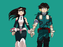 Load image into Gallery viewer, Couple dressed as Uraraka  and Deku, standing together, holding hands with a plain green background in this My hero Academia couple portrait.
