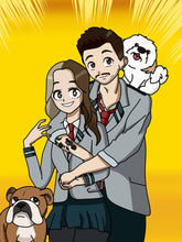 Load image into Gallery viewer, my hero academia personalised portrait with couple dressed as Deku and Ochaco, with a dog sitting on man&#39;s shoulder and another on ground. 
