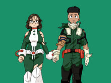 Load image into Gallery viewer, my hero academia custom drawing of a couple, smiling and holding hands and dressed as main characters of the show. 
