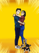 Load image into Gallery viewer, A couple is hugging, looking in the front, and a dog sitting on the ground with a yellow background in this “my hero academia couple art”.
