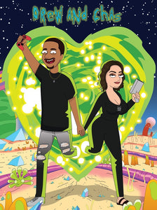 A man wearing a black shirt and ripped jeans with a gaming console in his hand is running out of a heart-shaped portal with a woman wearing an all black outfit and holding a portal gun in her hand in this Personalised Rick and Morty picture.
