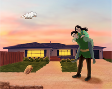 Load image into Gallery viewer, Avatar the last airbender couple portrait with man and woman as earthbenders, man giving woman a piggyback ride and appa flying in the air.
